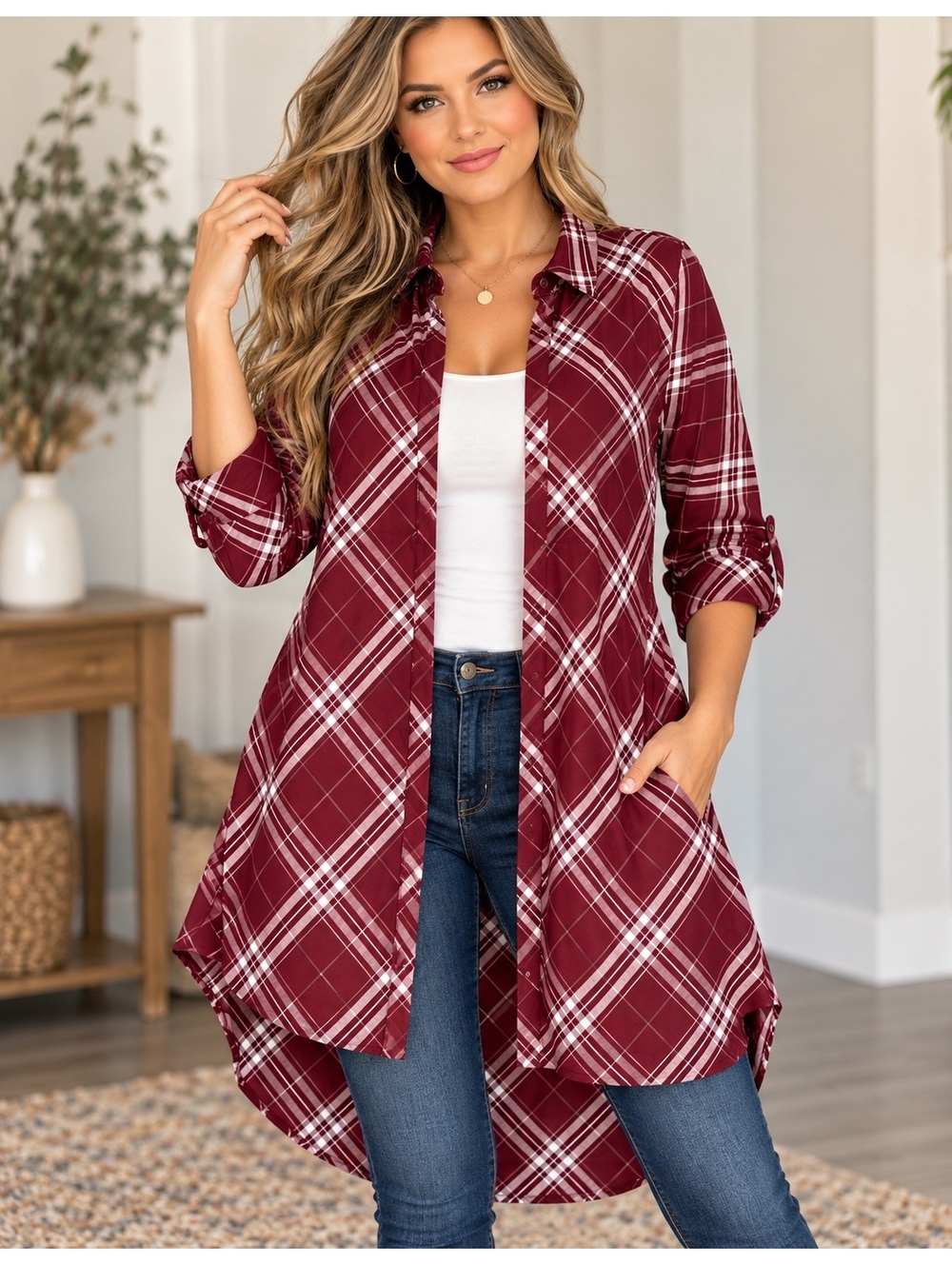 Love Notes Burgundy Plaid Long Sleeve Shirt Dress Size S